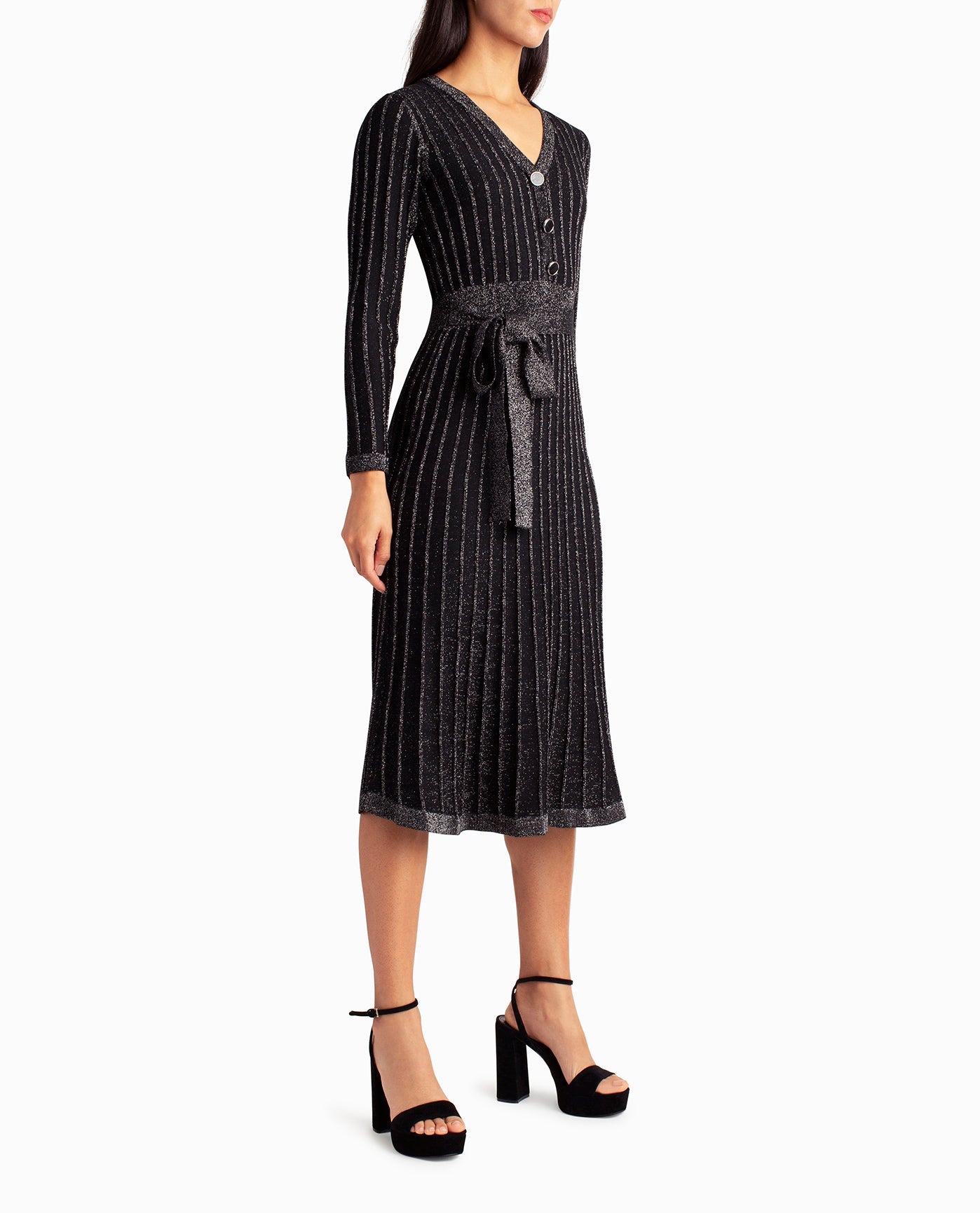 Side View View Of Nicole Miller Knit Fit And Flare Valentina Dress | NM VERY BLACK LUREX