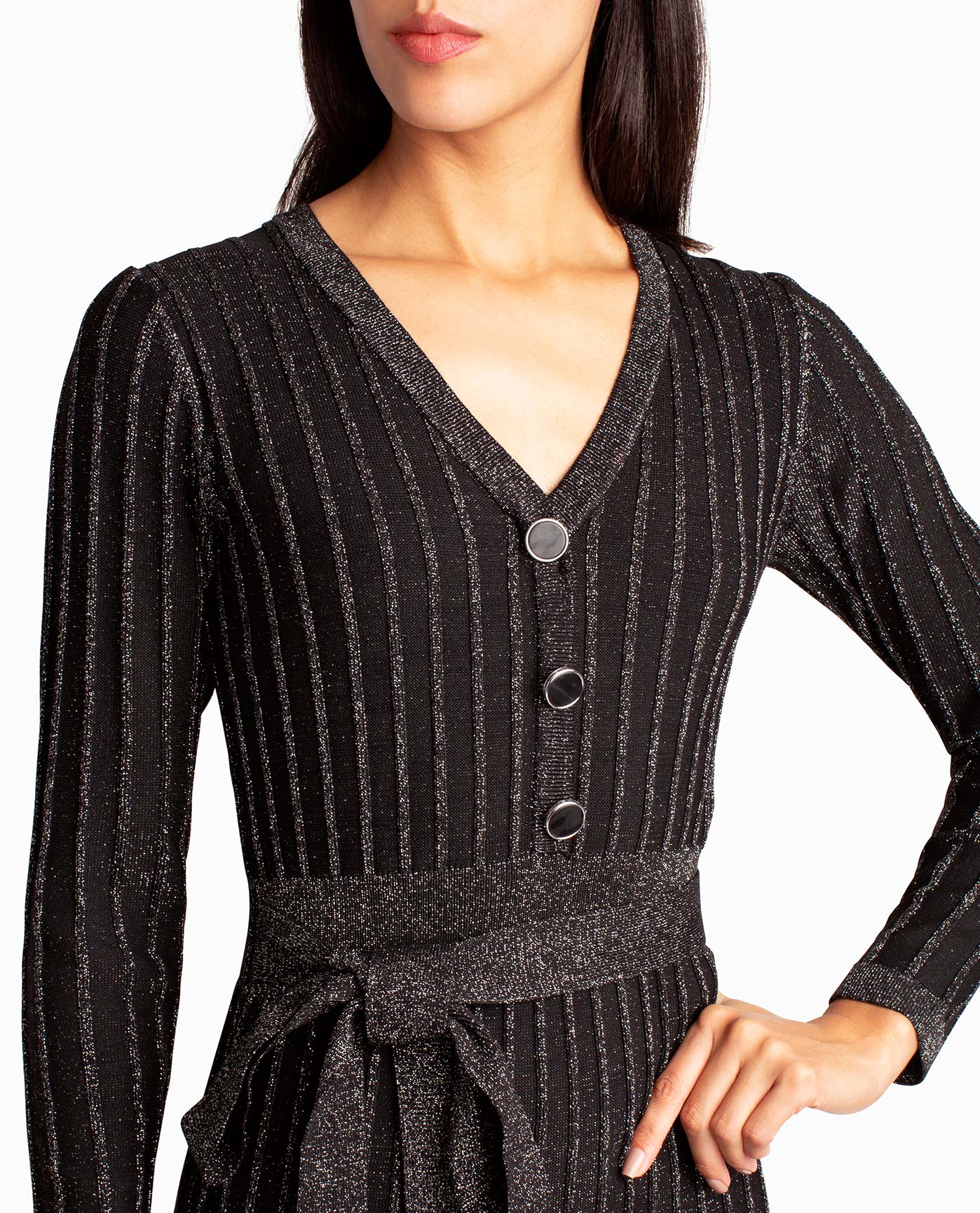 Front Detail View Of Nicole Miller Knit Fit And Flare Valentina Dress | NM VERY BLACK LUREX