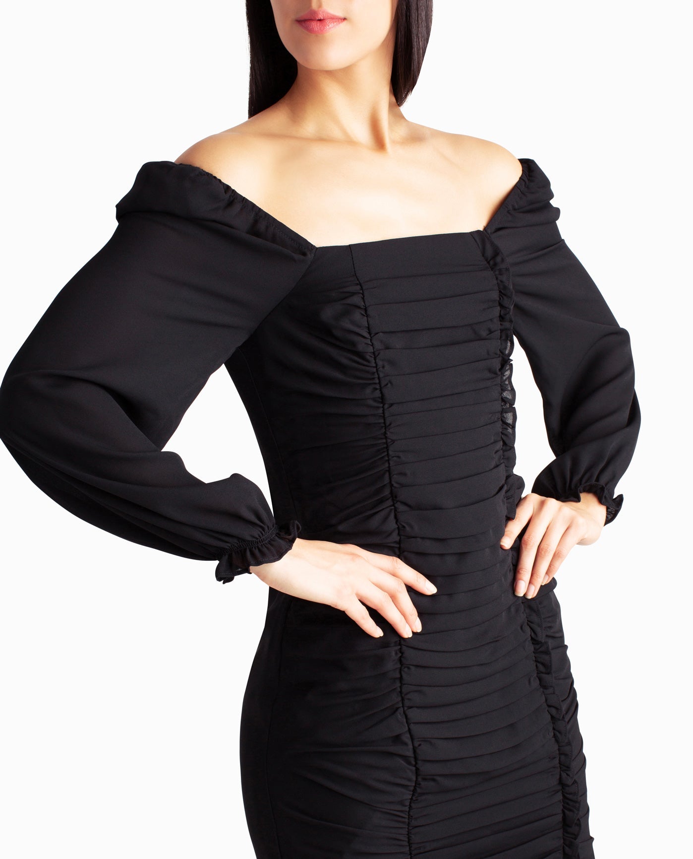 Front Detail View Of Nicole Miller Ivy Chiffon Ruched Square Neck Dress | NM VERY BLACK