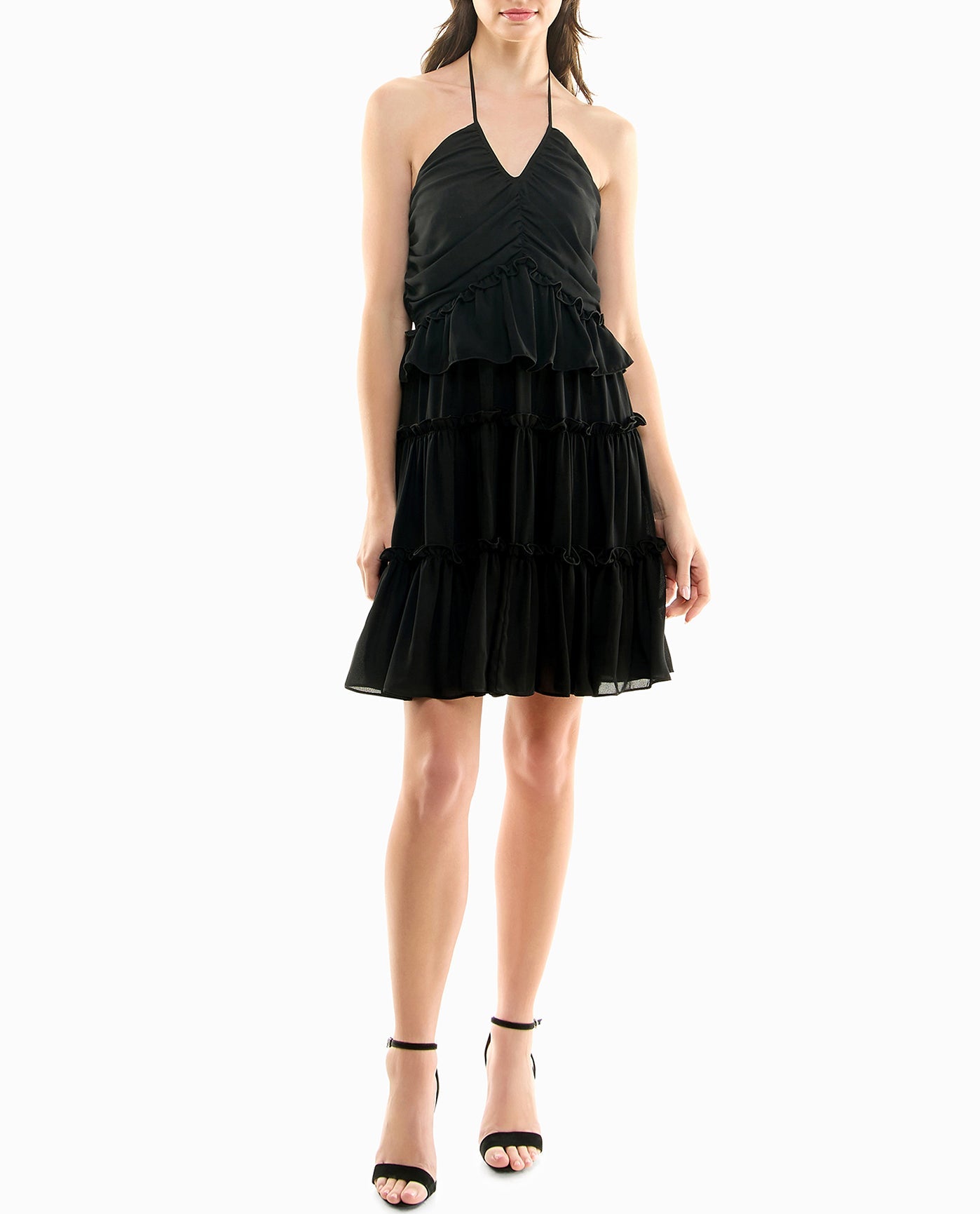 Front View Of Nicole Miller Presley Chiffon Tiered Halter Dress | NM VERY BLACK