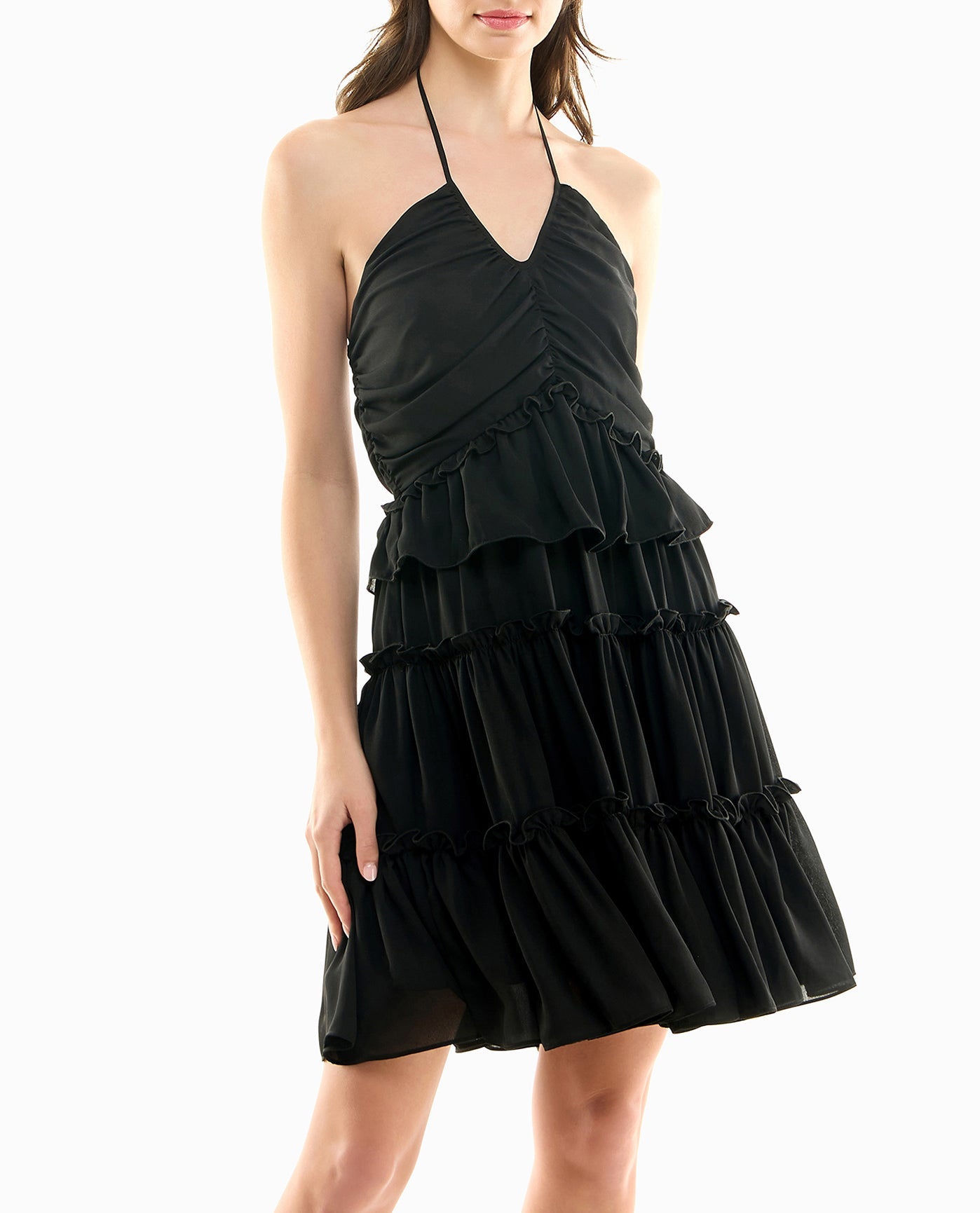 Front Detail View Of Nicole Miller Presley Chiffon Tiered Halter Dress | NM VERY BLACK