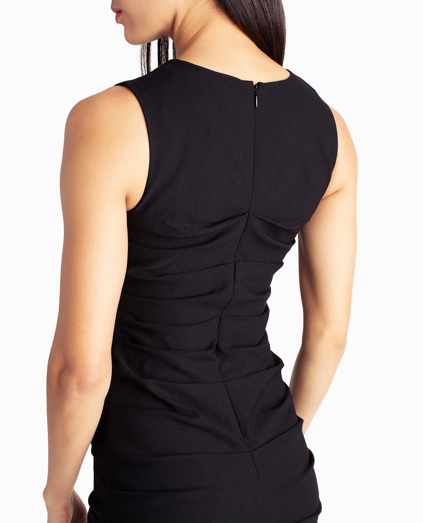 Front Detail View Of Nicole Miller Lauren Stretch Sleeveless Dress | NM VERY BLACK