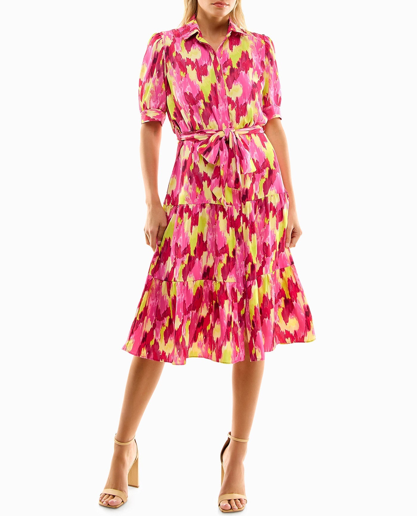 Front View Of Nicole Miller Katy Silk Midi Shirt Dress | NM PINK GLOW