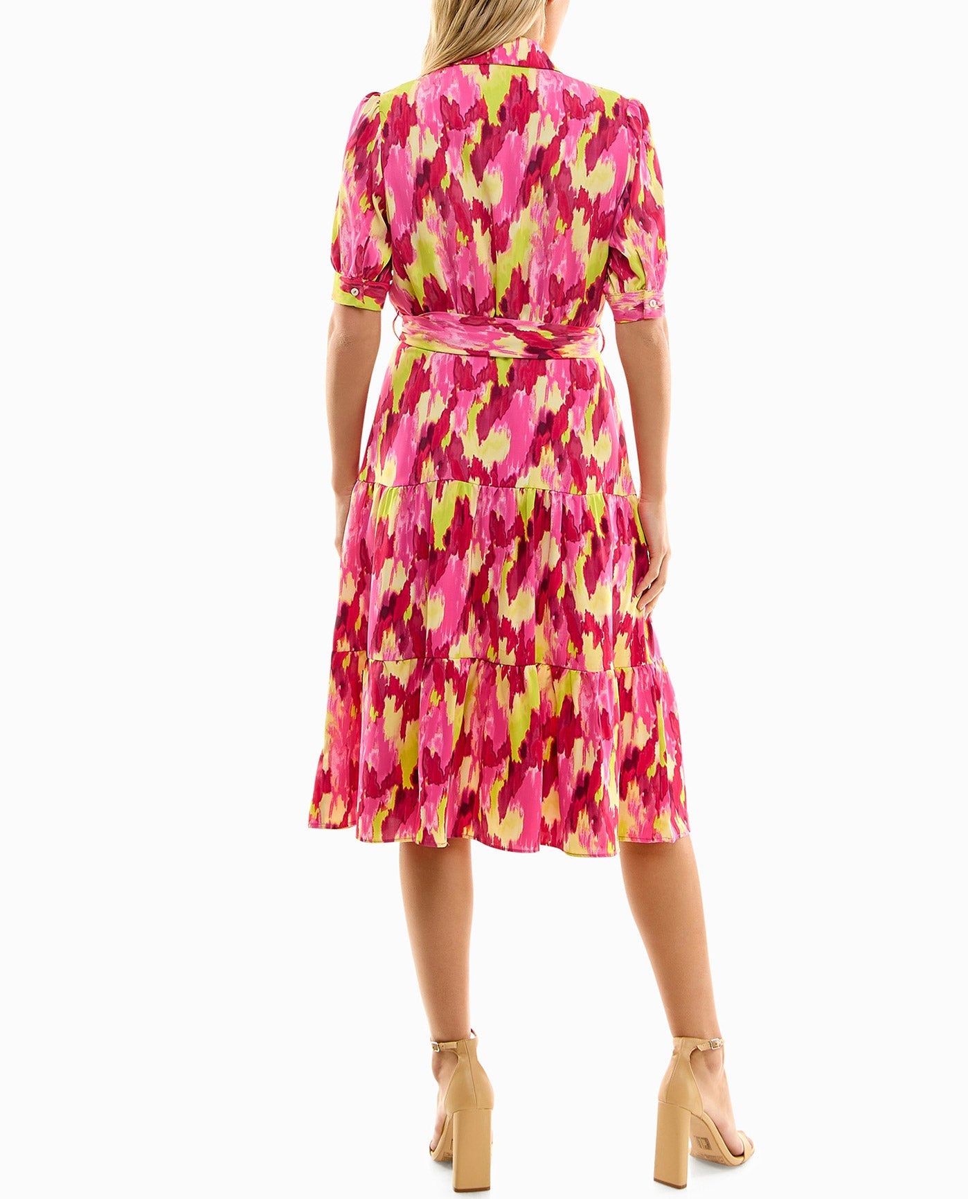 Back View Of Nicole Miller Katy Silk Midi Shirt Dress | NM PINK GLOW