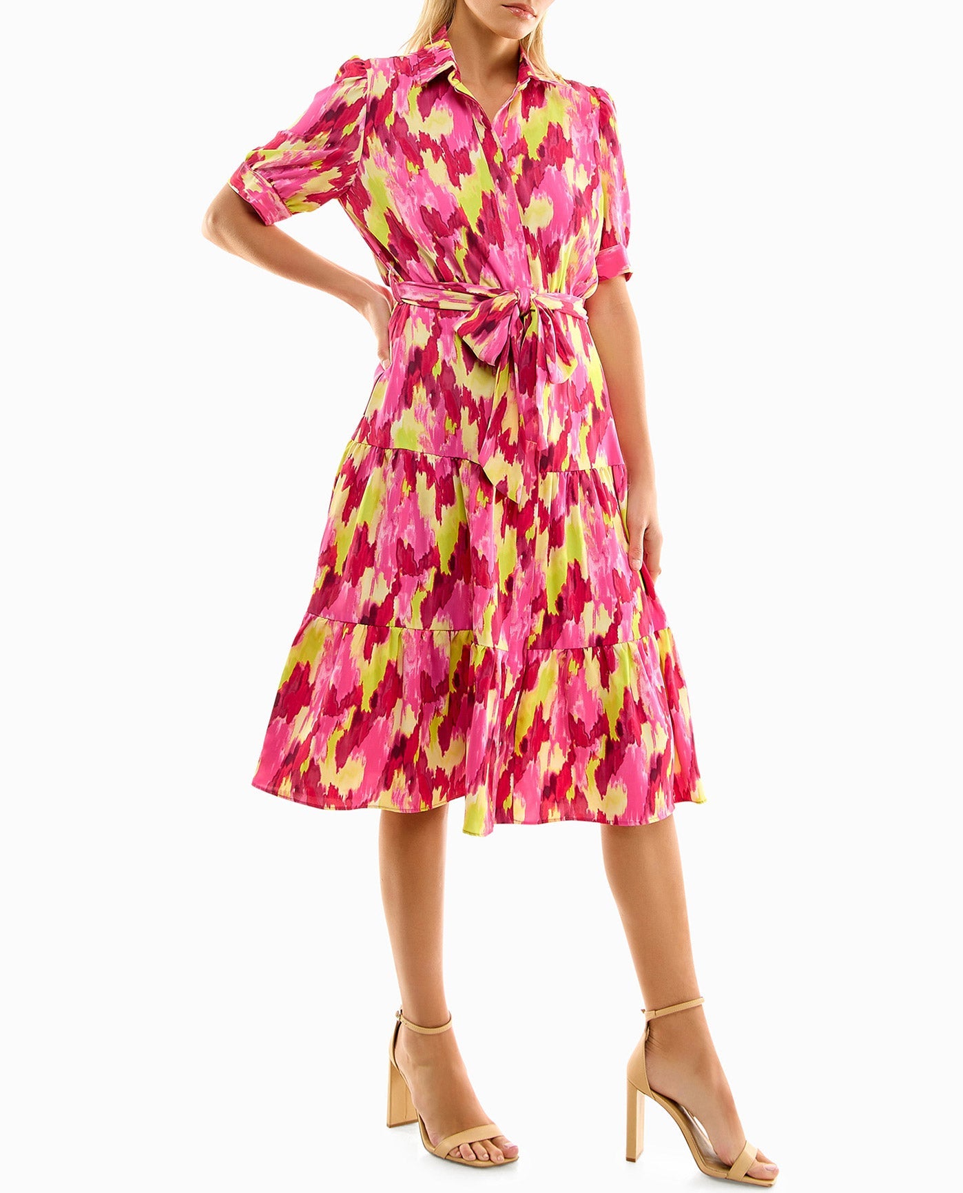 Side View View Of Nicole Miller Katy Silk Midi Shirt Dress | NM PINK GLOW