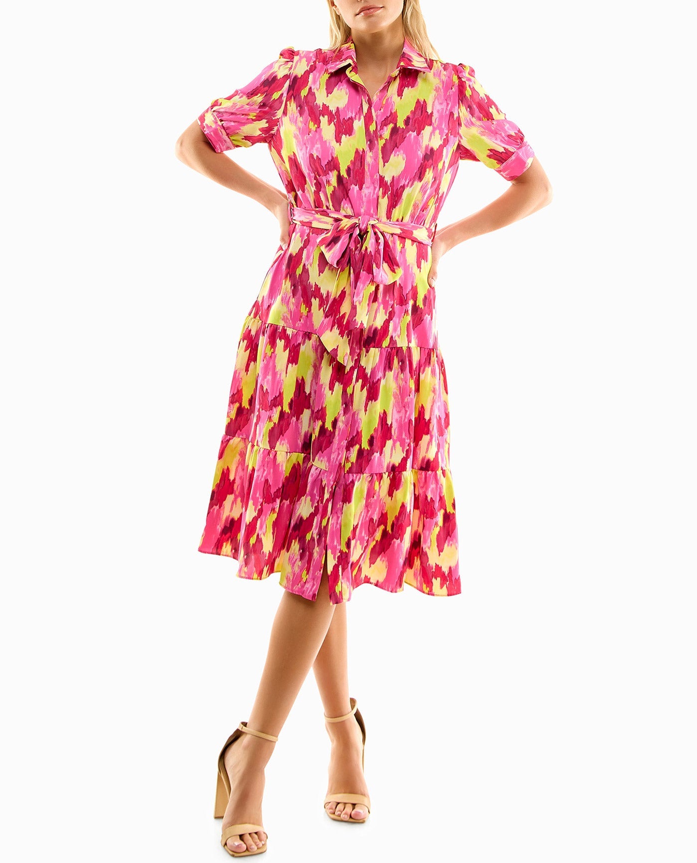 Front Detail View Of Nicole Miller Katy Silk Midi Shirt Dress | NM PINK GLOW