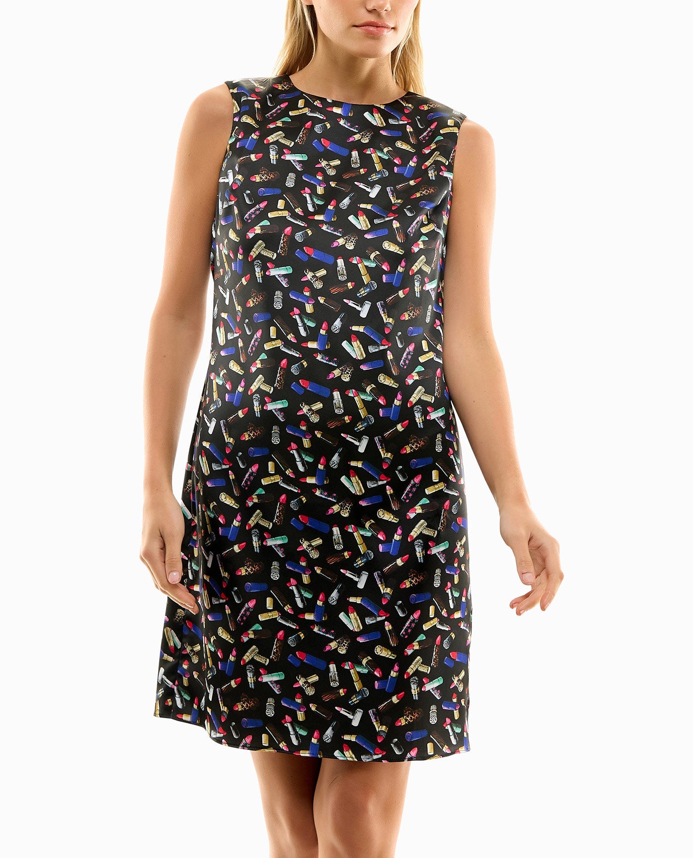 Front Detail View Of Nicole Miller Jacque Satin Sleeveless Shift Dress | NM LIPSTICK