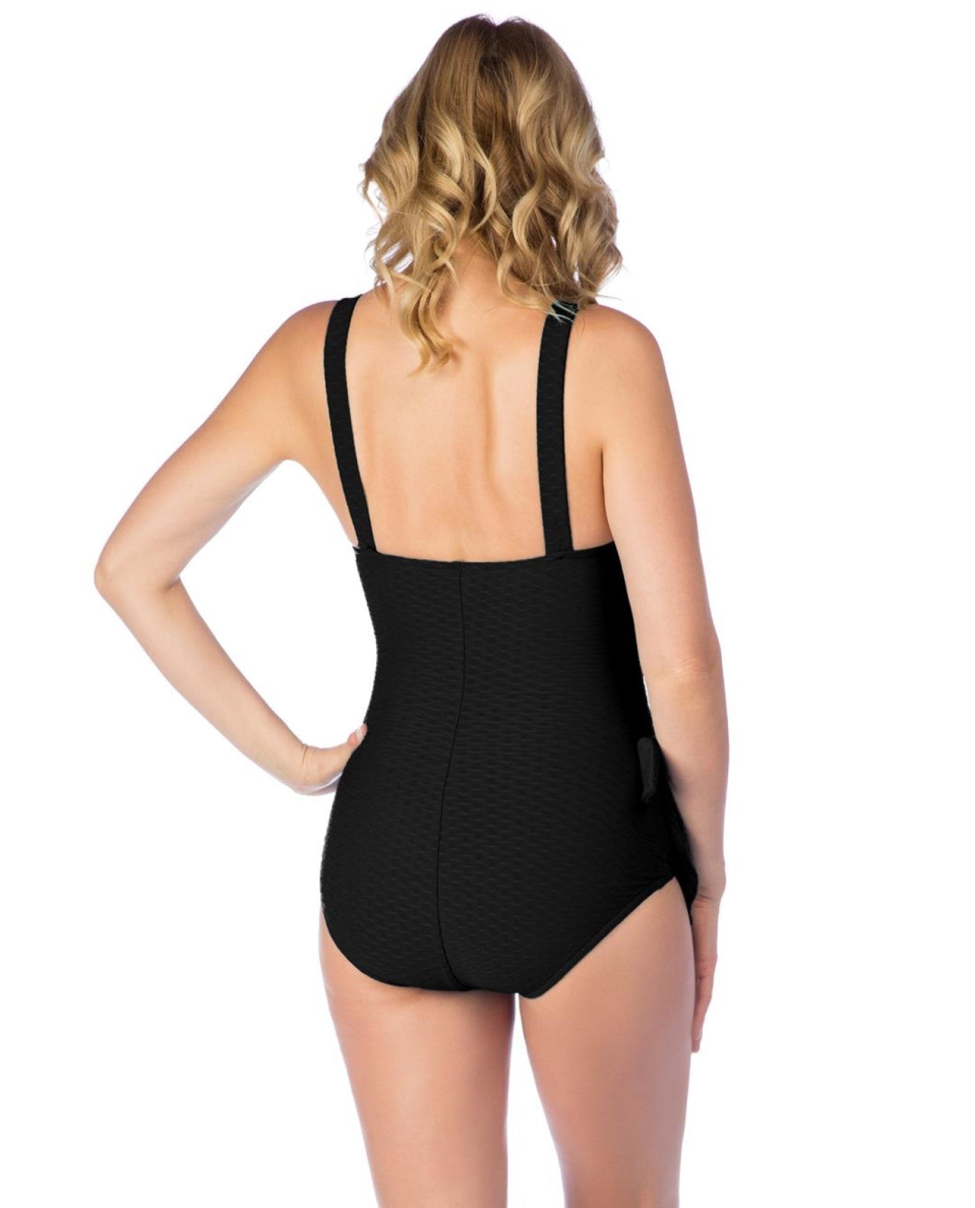 Back View of Maxine Black Textured Spa Shirred Front Girl Leg One Piece Swimsuit | MAX BLACK
