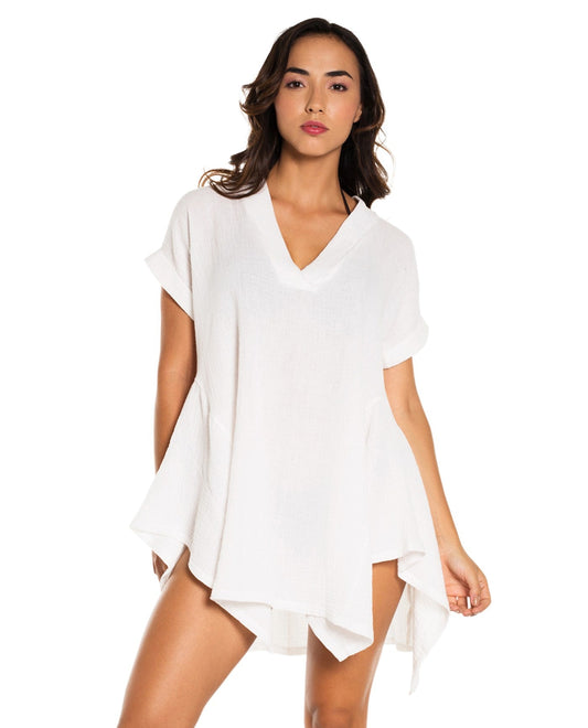 Front View of Elif White Menat V-Neck T-Shirt Dress | ELF WHITE
