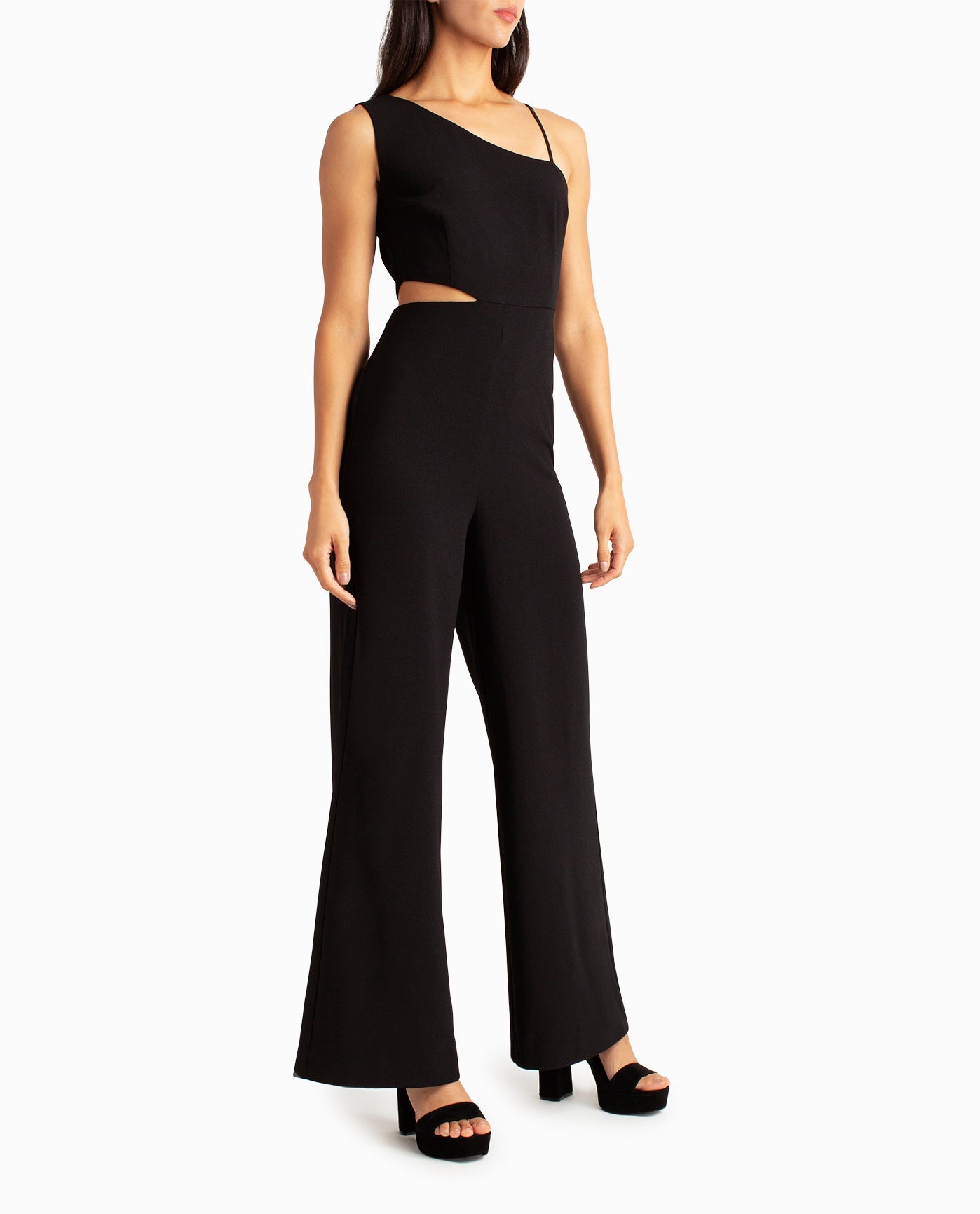 Side View View Of Nicole Miller One Shoulder Montana Jumpsuit | NM VERY BLACK