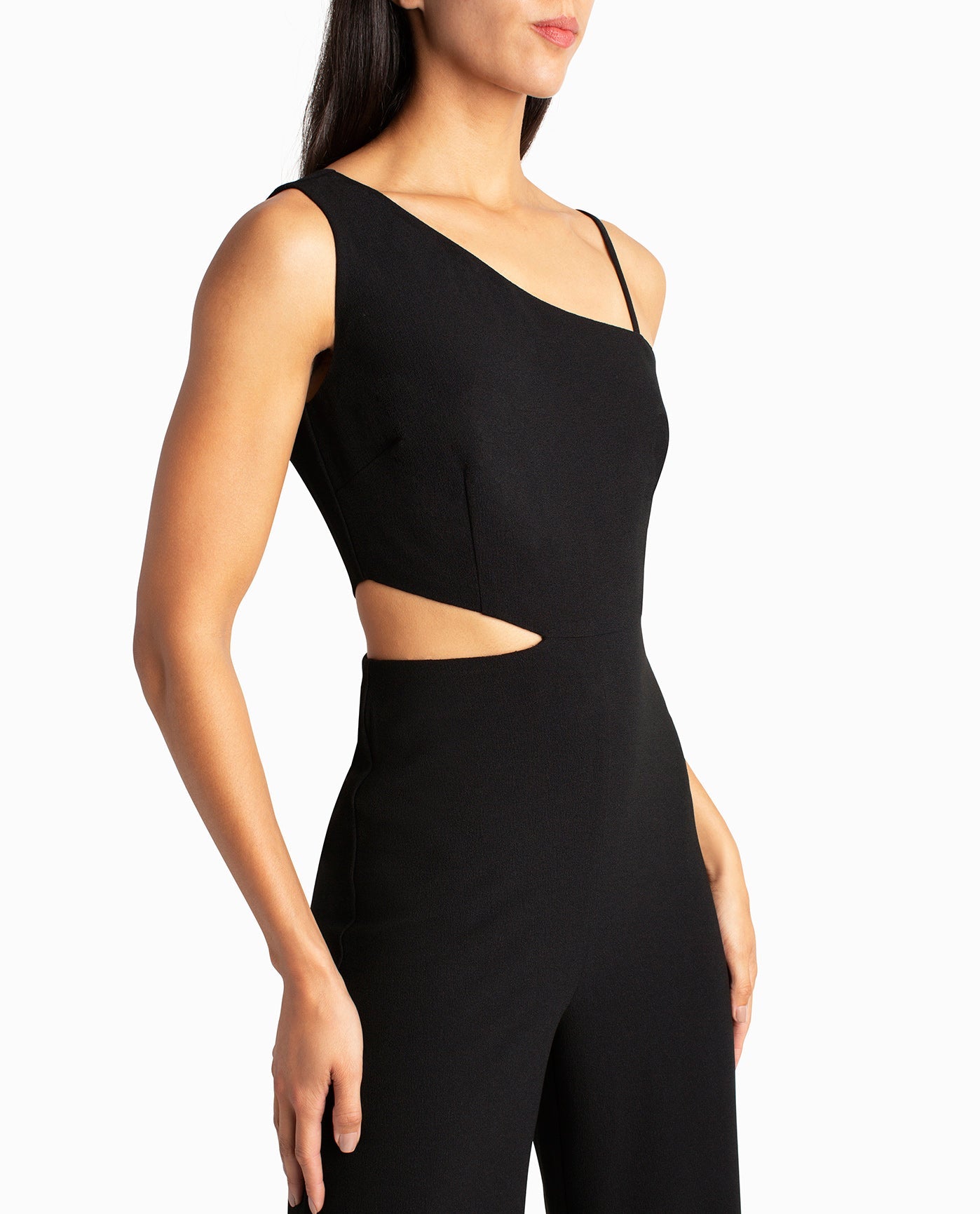Front Detail View Of Nicole Miller One Shoulder Montana Jumpsuit | NM VERY BLACK