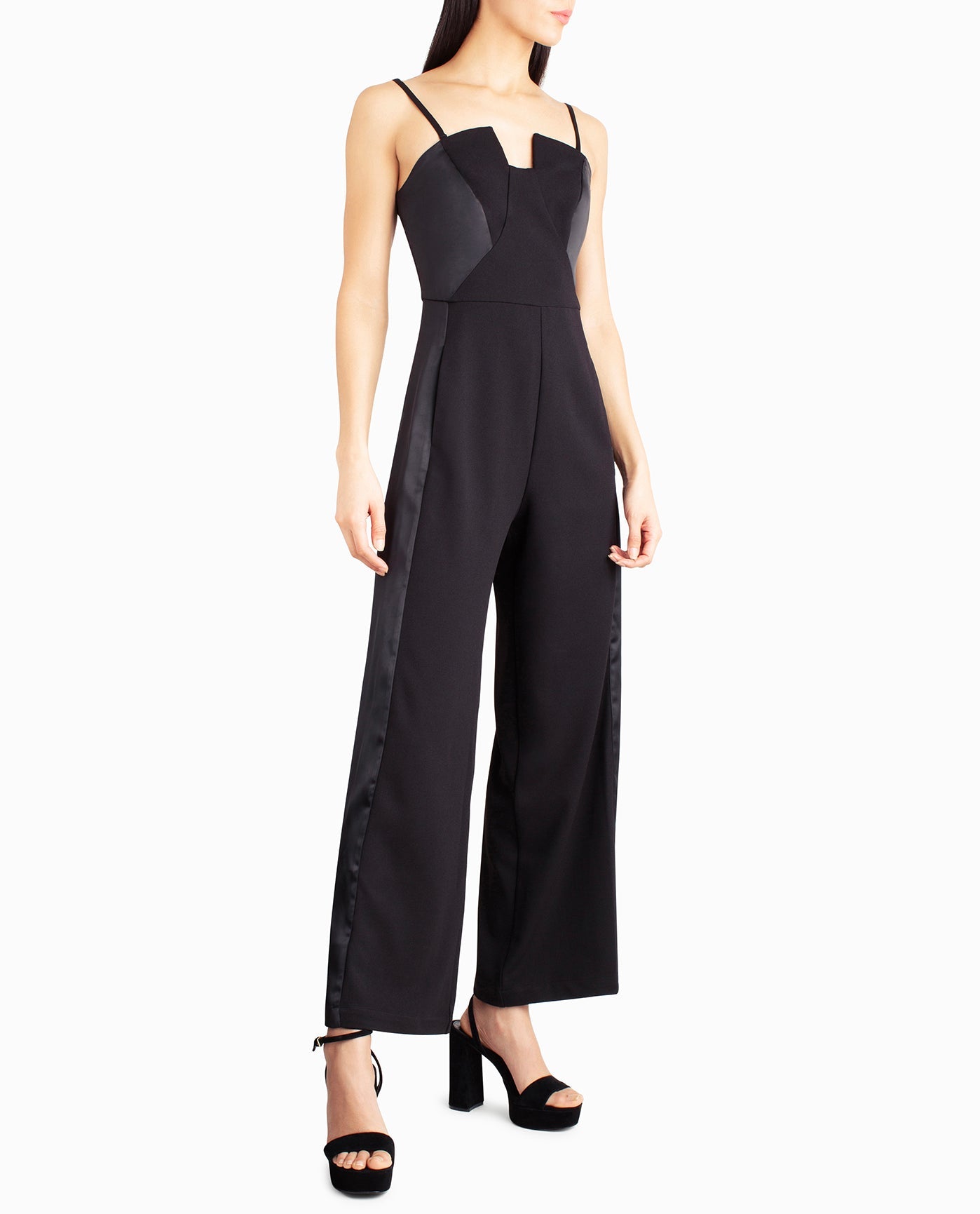 Side View View Of Nicole Miller Jasmine Crepe Tuxedo Jumpsuit | NM VERY BLACK