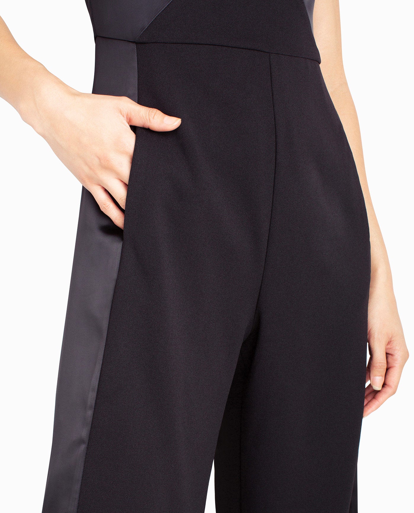 Front Detail View Of Nicole Miller Jasmine Crepe Tuxedo Jumpsuit | NM VERY BLACK