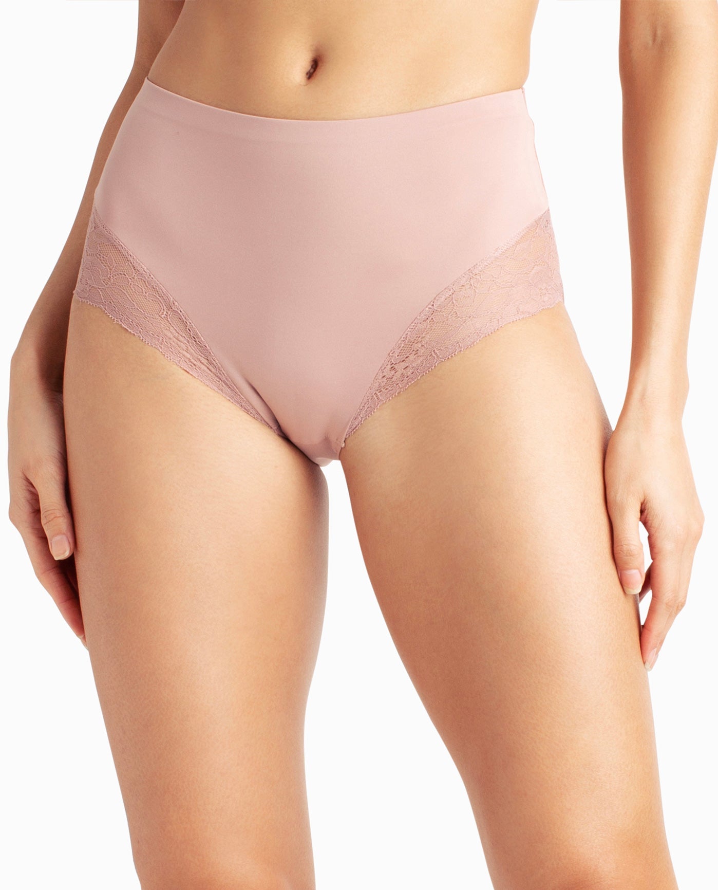 Front View Of Nicole Miller 2-Pack Lace Trim Scuba Briefs | NM BLACK AND MINERAL BLUSH