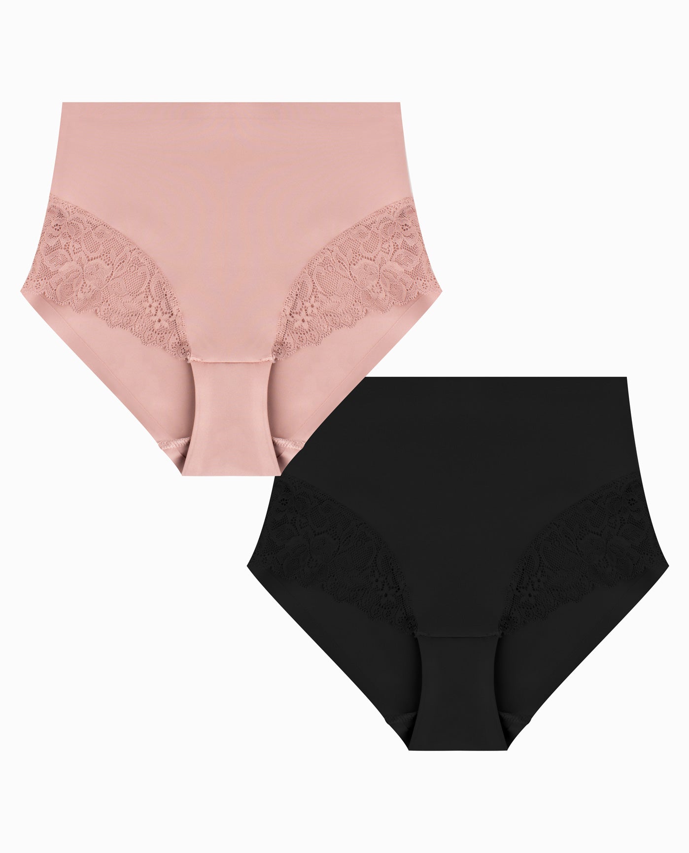 Alternate Front View Of Nicole Miller 2-Pack Lace Trim Scuba Briefs | NM BLACK AND MINERAL BLUSH