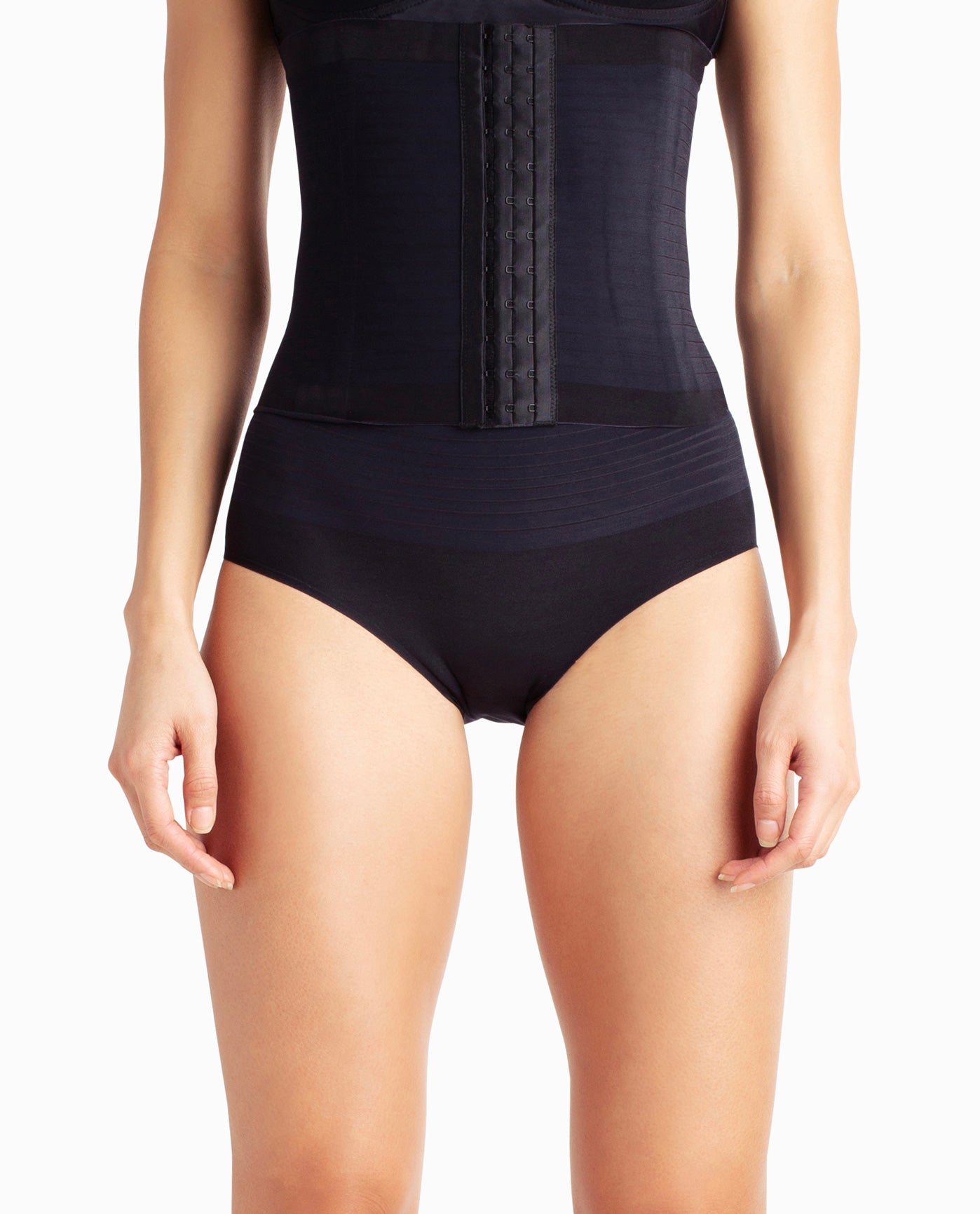 Front View Of Nicole Miller Variegated Stripe Laser Waist Cincher | NM BLACK
