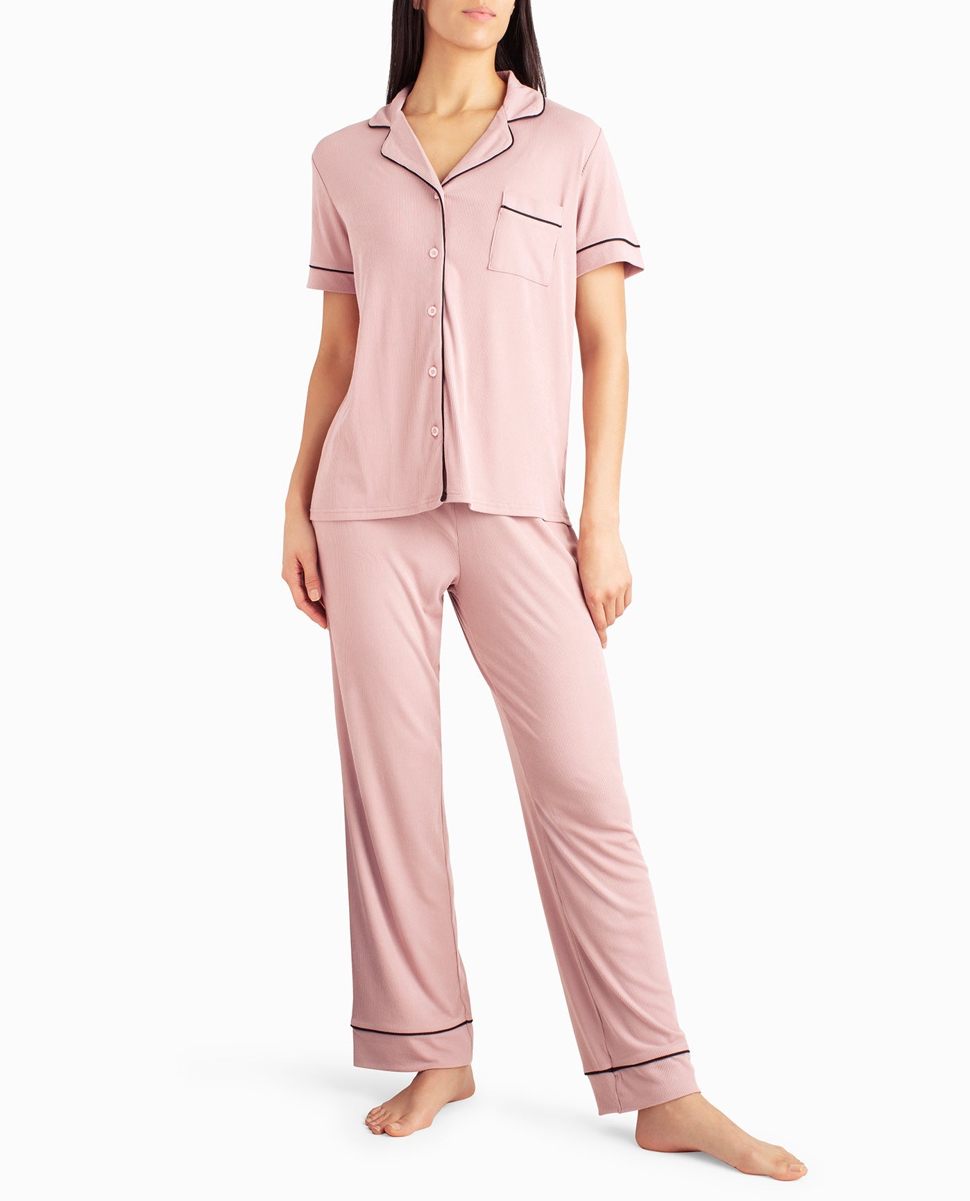 Front View Of Nicole Miller Ribbed Shirt And Pant Two-Piece Sleepwear Set | NM GEMINI
