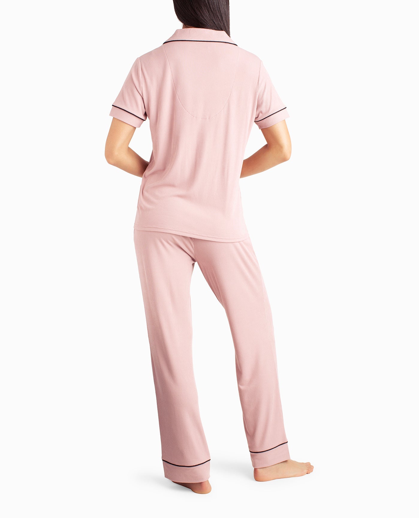 Back View Of Nicole Miller Ribbed Shirt And Pant Two-Piece Sleepwear Set | NM GEMINI