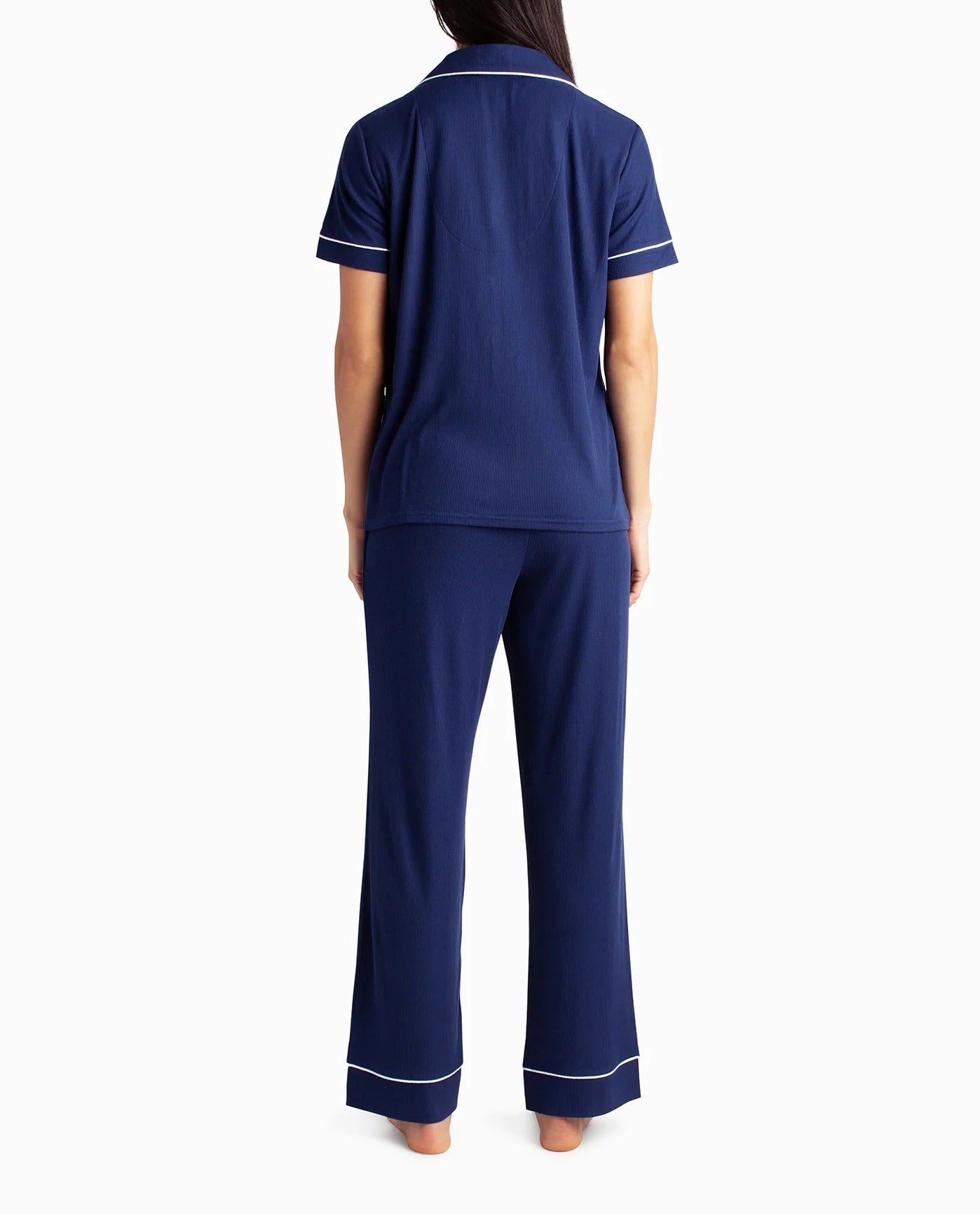 Back View Of Nicole Miller Ribbed Shirt And Pant Two-Piece Sleepwear Set | NM INDIGLO