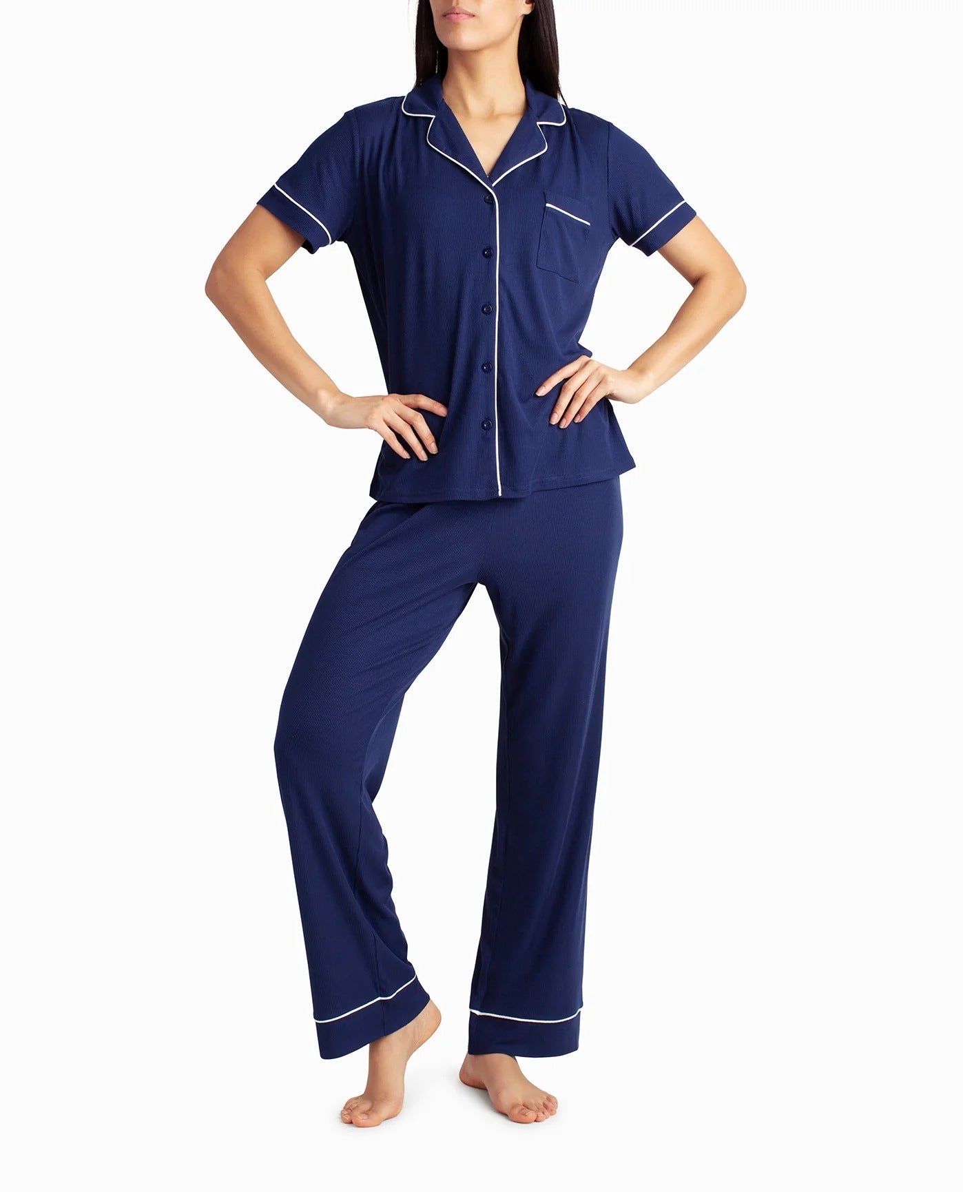 Front View Of Nicole Miller Ribbed Shirt And Pant Two-Piece Sleepwear Set | NM INDIGLO
