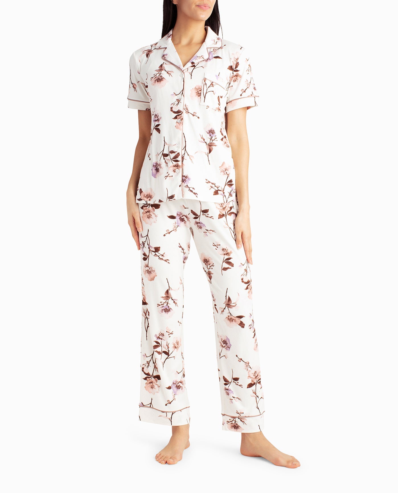Front View Of Nicole Miller Ribbed Shirt And Pant Two-Piece Sleepwear Set | NM PEONY FLORAL