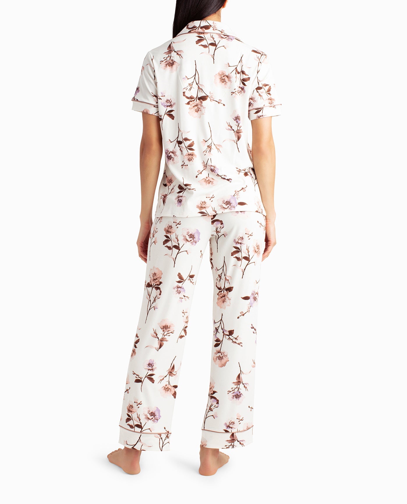 Back View Of Nicole Miller Ribbed Shirt And Pant Two-Piece Sleepwear Set | NM PEONY FLORAL