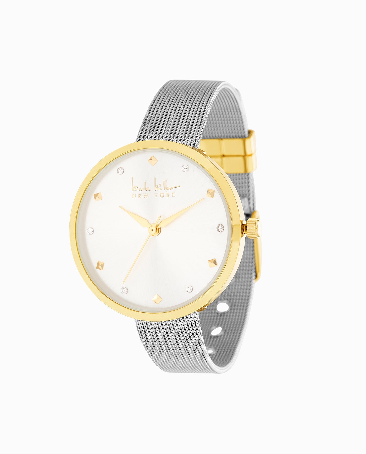 Front View Of Nicole Miller Gold Tone Stainless Steel Strap Watch, 36Mm | NM GOLD AND SILVER