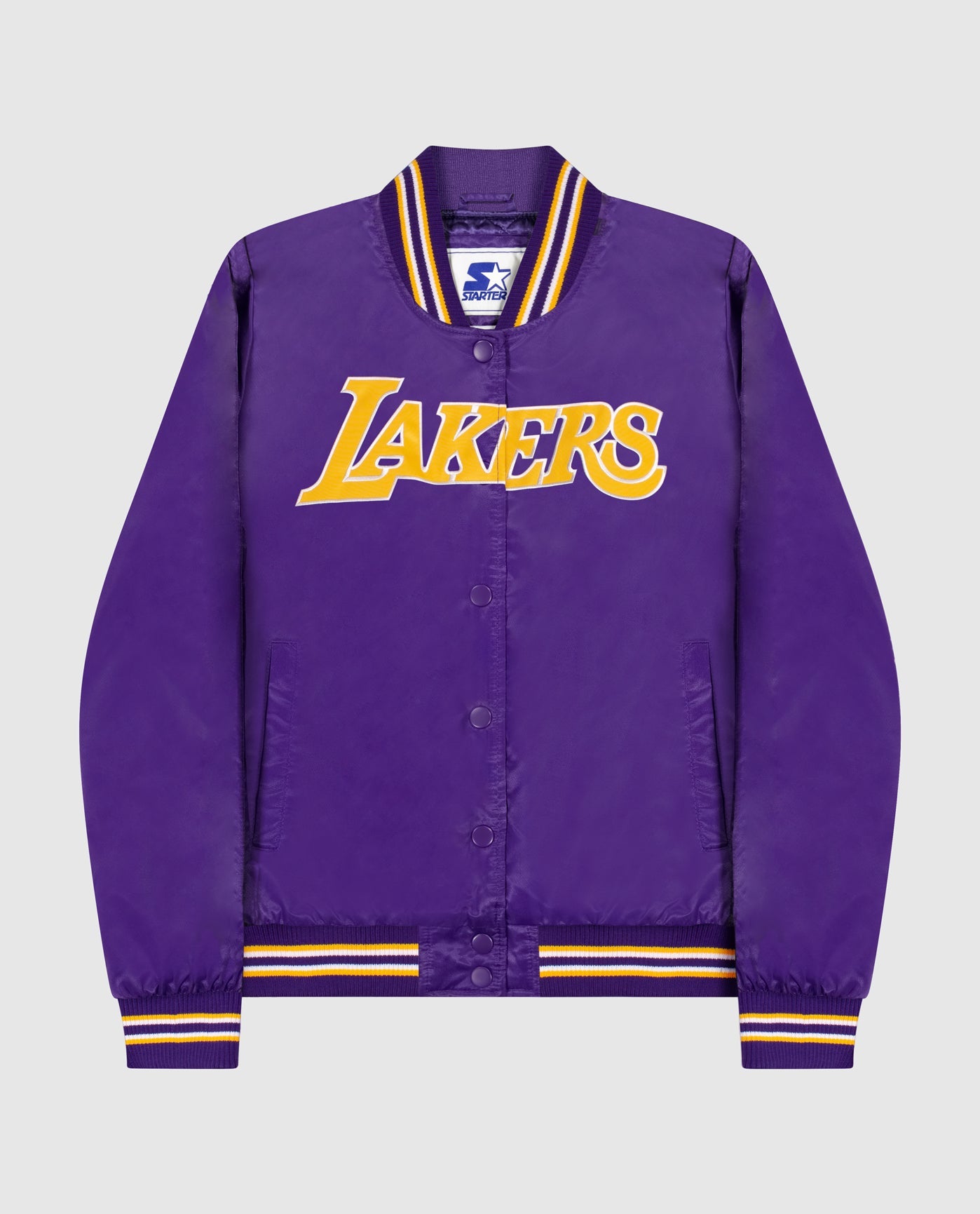 Front View of Starter Purple Womens Los Angeles Lakers Satin Full-Snap Starter Jacket | STR LOS ANGELES LAKERS PURPLE