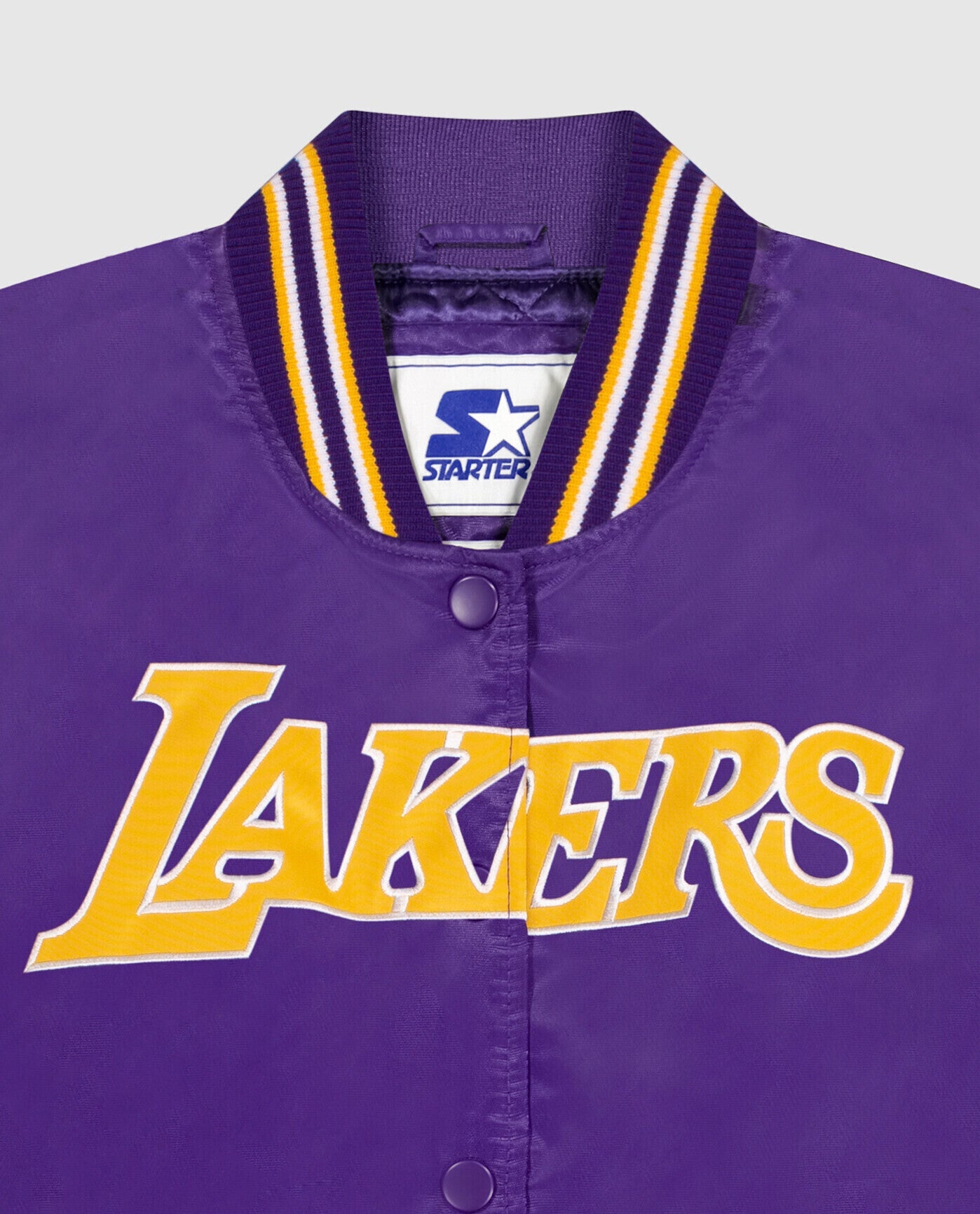 Detail View of Starter Purple Womens Los Angeles Lakers Satin Full-Snap Starter Jacket | STR LOS ANGELES LAKERS PURPLE