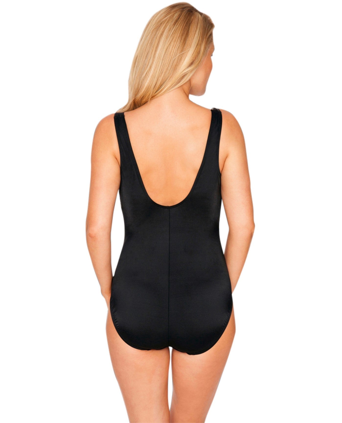 Back View of Longitude Gold Embellishments One Piece Swimsuit | LGT BLACK