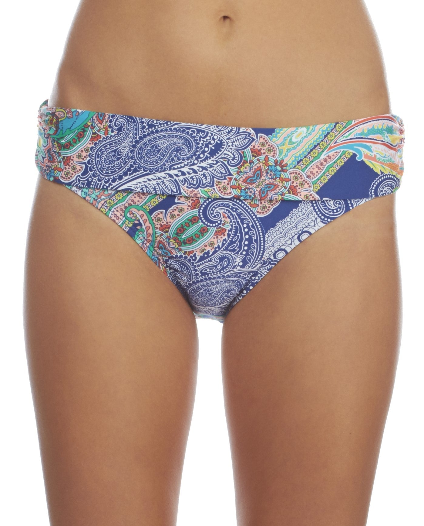 Front View of Kenneth Cole Paisley Intuition Fold Over Hipster Swim Bottom | KKC PAISLEY INTUITION