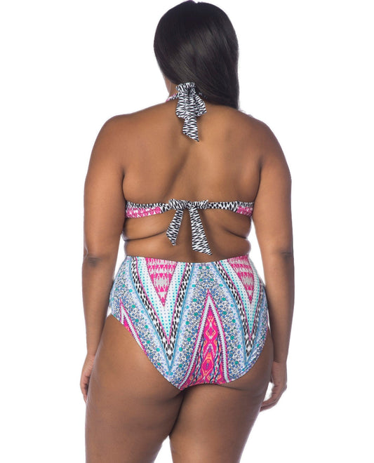Back View of Kenneth Cole Riviera Stripe Plus Size Underwire Halter Peek-A-Boo One Piece Swimsuit |  KKC RIVIERA STRIPE