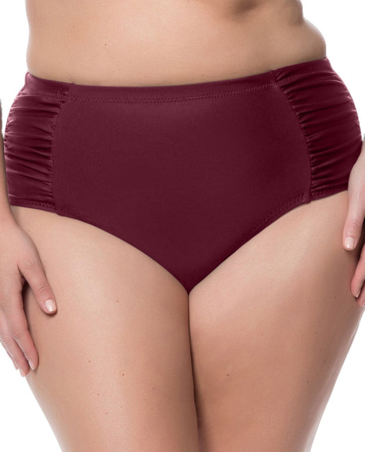Front View of Jessica Simpson Merlot Plus Size Shirred High Waisted Bikini Bottom | JES MERLOT