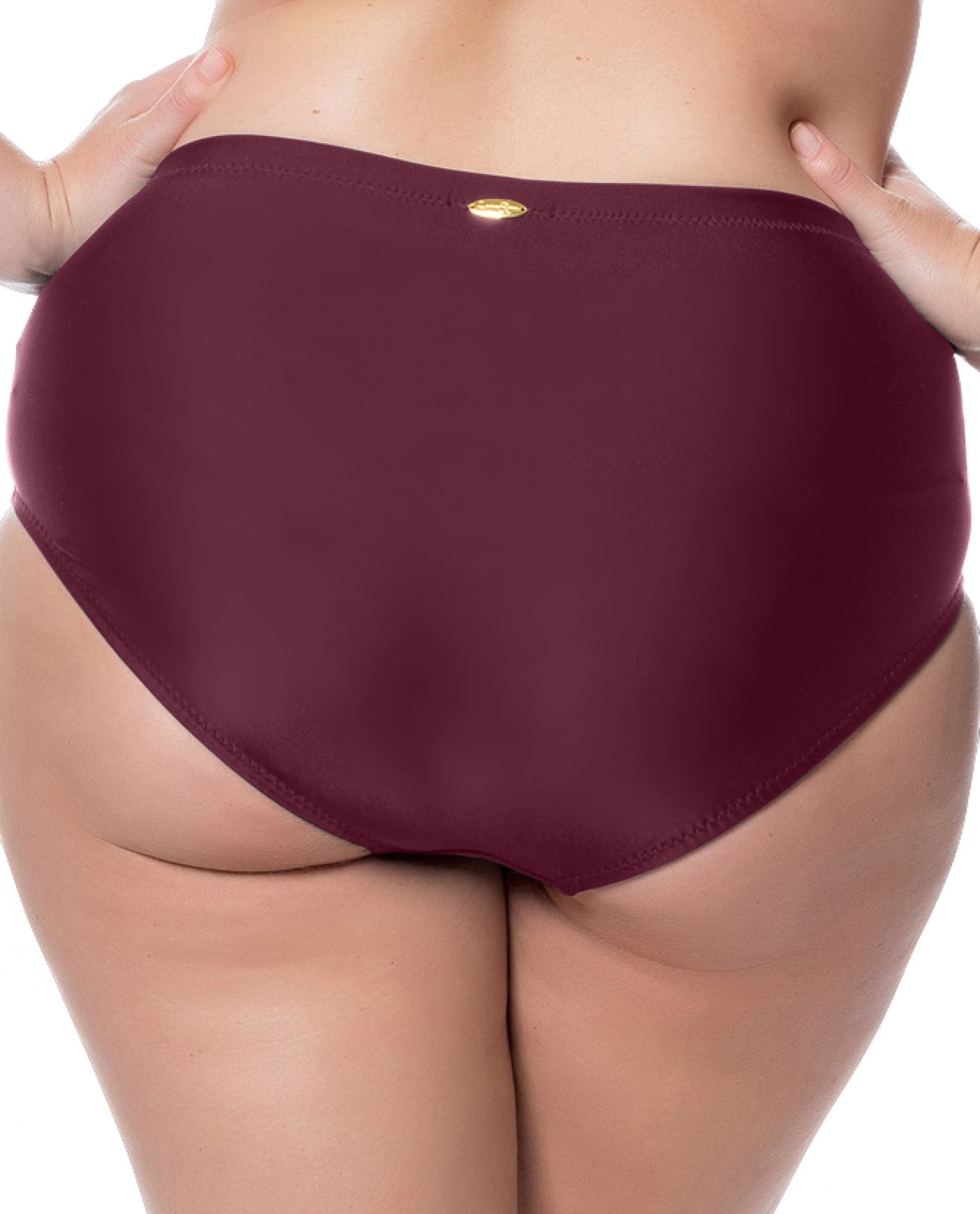 Back View of Jessica Simpson Merlot Plus Size Shirred High Waisted Bikini Bottom | JES MERLOT