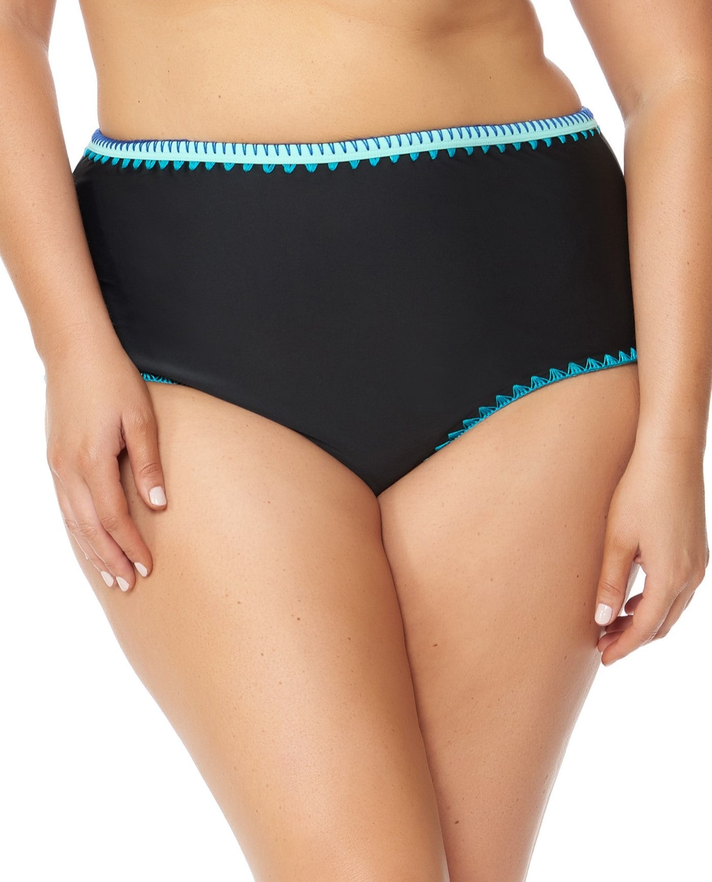 Front View of Jessica Simpson Woodstock Plus Size High Waisted Bikini Bottom | JES BLACK