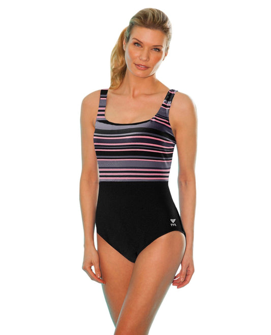 Front View of Tyr Black And Pink Durafast Elite Delray Aqua Tank One Piece Swimsuit | TYR BLACK AND PINK