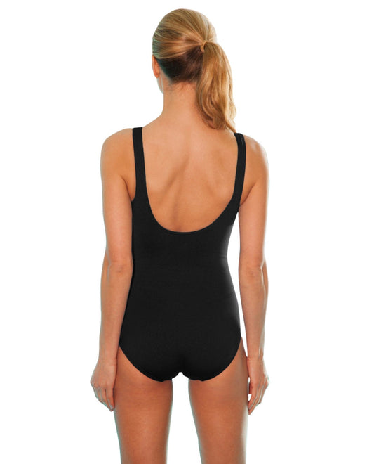 Back View of Tyr Black And Pink Durafast Elite Delray Aqua Tank One Piece Swimsuit | TYR BLACK AND PINK