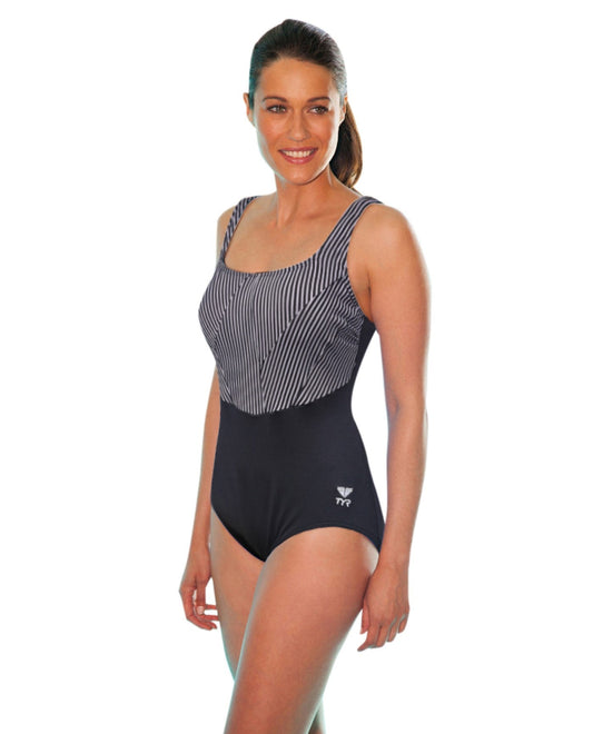 Front View of Tyr Black Monroe Stripe Chlorine Resistant Durafast One Piece Swimsuit | TYR BLACK AND WHITE