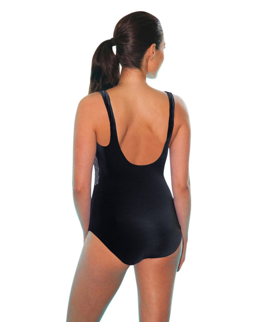 Back View of Tyr Black Monroe Stripe Chlorine Resistant Durafast One Piece Swimsuit | TYR BLACK AND WHITE