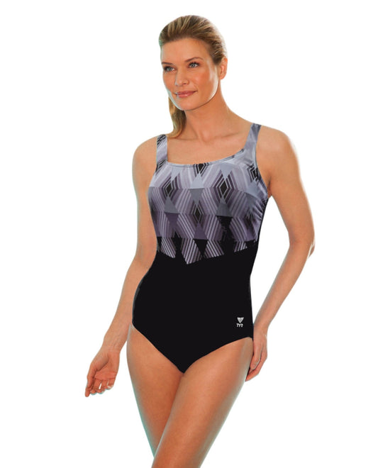 Front View of Tyr Stirling Grey Chlorine Resistant Durafast Elite One Piece Swimsuit | TYR STIRLING GREY