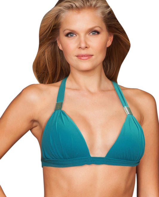 Front View of Zali Peacock Plunge Triangle Halter Bikini Top | ZAL PEACOCK