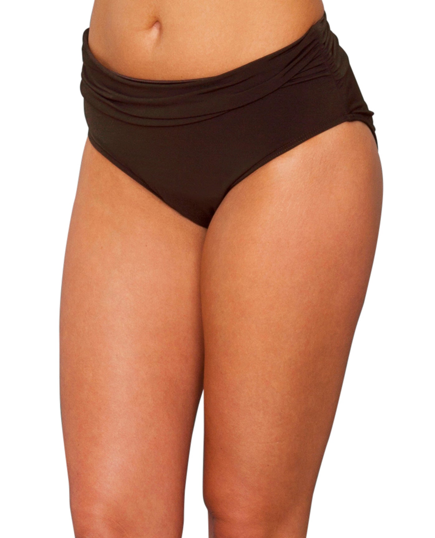 Front View Of Magicsuit Brown Shirred Jersey Brief Swim Bottom | MAG Brown