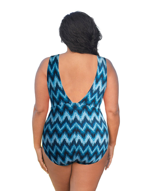 Back View Of Always For Me Native Peacock Plus Size Double V Plunge One Piece Swimsuit | AFM NATIVE PEACOCK