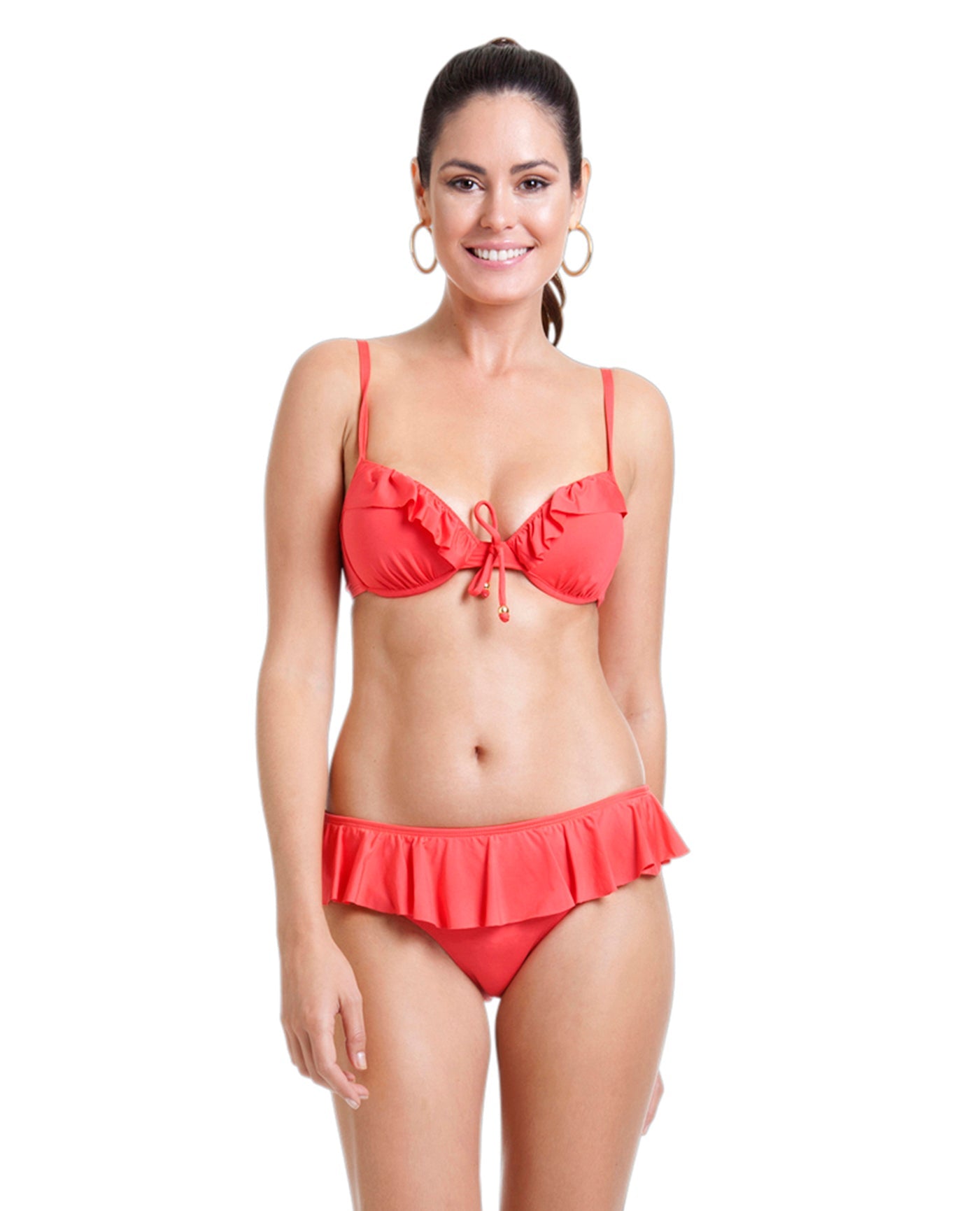 Full Suit Front View Of Cole of California Coral Core Solids Underwire Ruffle Bikini Bra | COL CORAL