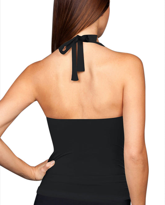 Back View Of Kallure Black Shirred Halter Tankini Top | KAL Black