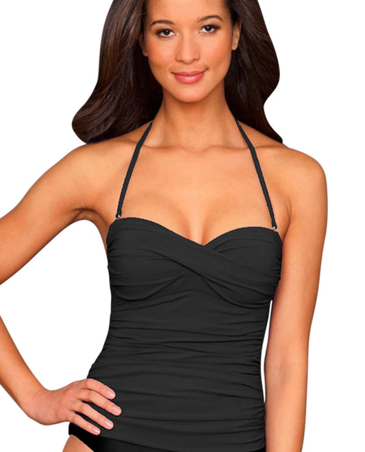 Front View Of Kallure Twist Front Bandeau Tankini Top | KAL Black
