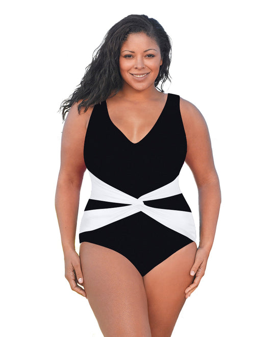 Front View Of Always For Me Black Plus Size V-Neck Twist Front One Piece Swimsuit | AFM BLACK