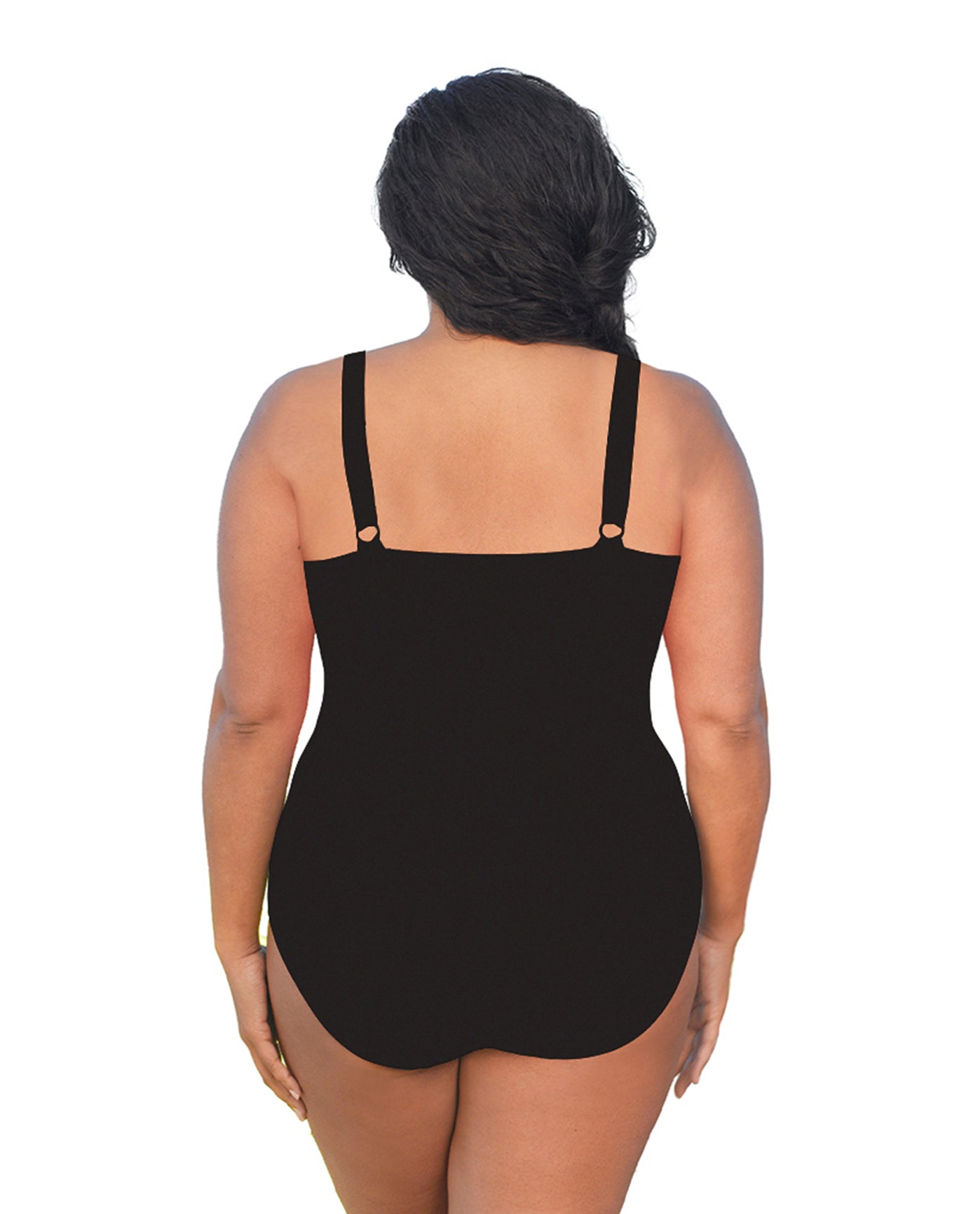 Back View Of Always For Me Black Plus Size V-Neck Twist Front One Piece Swimsuit | AFM BLACK