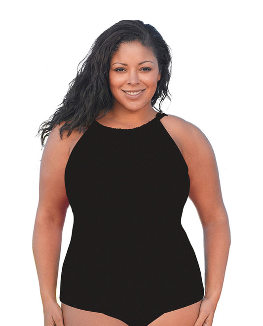 Front View Of Always For Me Black Plus Size High Neck Tankini Top | AFM BLACK