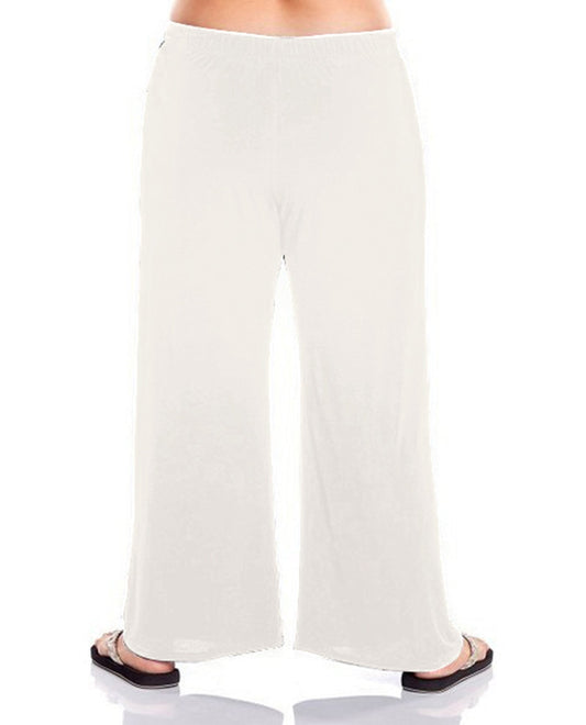 Back View Of Always For Me Plus Size Tie Front Lounge Beach Cover Up Pant | AFM WHITE